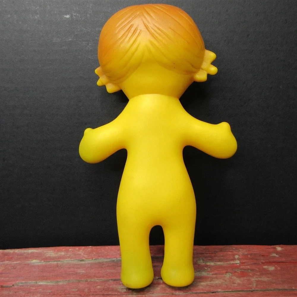 Vintage Ledraplastic Ledra Yellow Smiley Face Girl Doll Rubber Squeak Toy 8